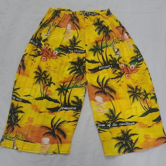 Tropical Yellow Beach Shorts Unisex Elastic Waist Palm Trees Hi Rise Jamica - Picture 1 of 7